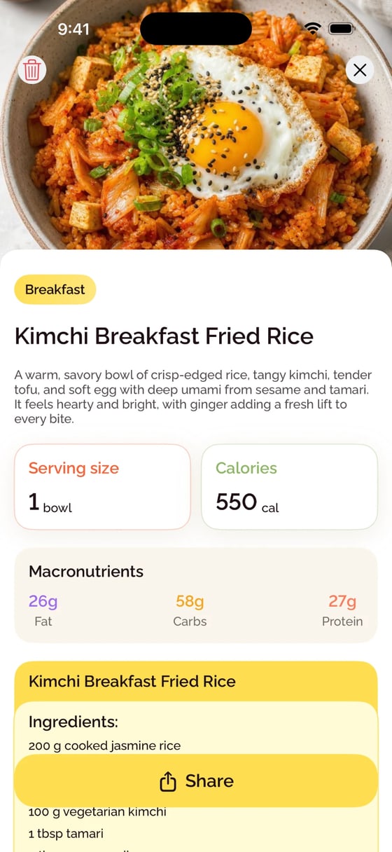A logged kimchi fried rice in BiteCheck with serving size, calories and macronutrients