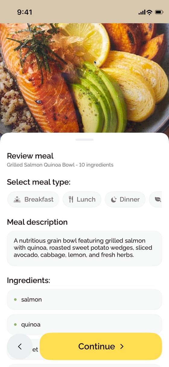 Reviewing a recognized meal and its ingredients before logging in BiteCheck