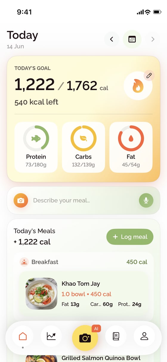 BiteCheck home screen showing today's calories and logged meals